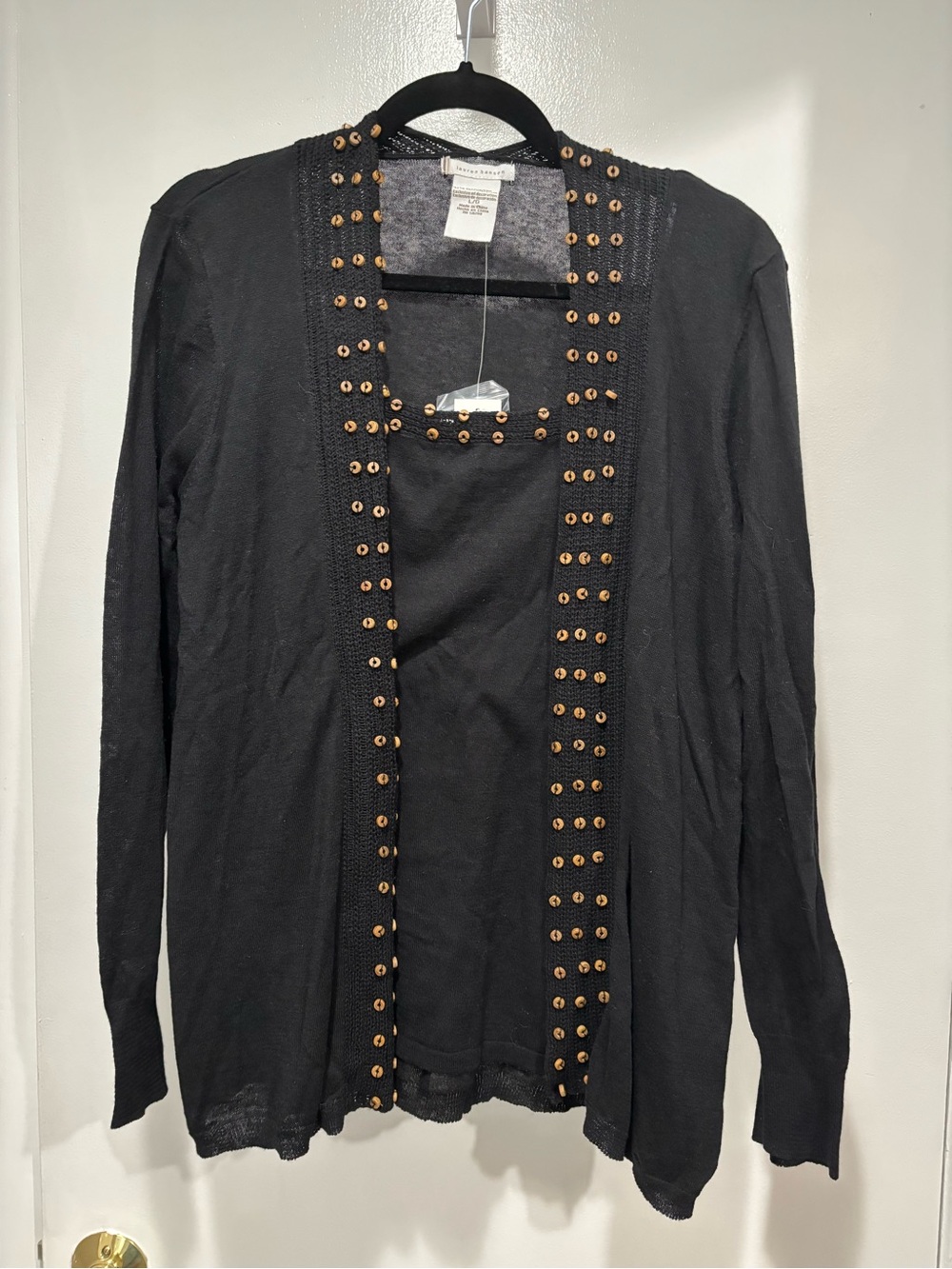 Lauren Hansen Black Linen Cotton Mock Layer Sweater with Wood Stud Trim NWT